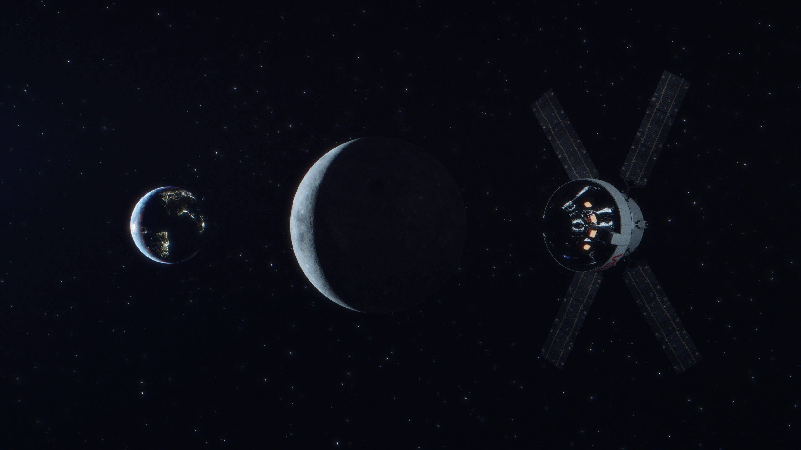 Vue d'artiste du vaisseau spatial Orion de la mission Artemis en orbite autour de la Lune avec la Terre visible en arrière-plan