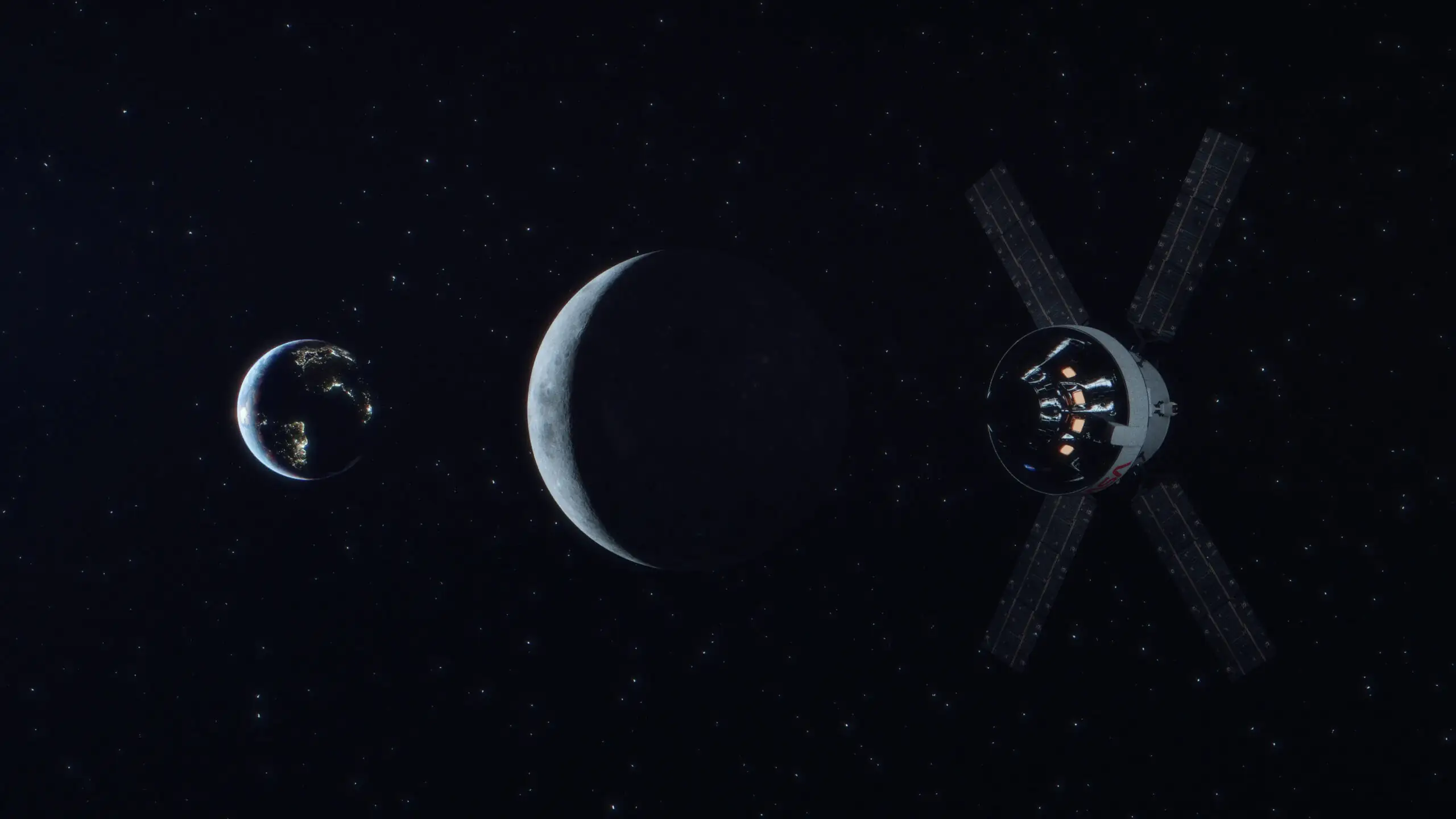 Vue d'artiste du vaisseau spatial Orion de la mission Artemis en orbite autour de la Lune avec la Terre visible en arrière-plan