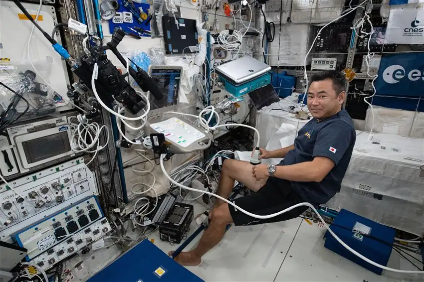 L'astronaute Akihiko Hoshide réalise une échographie de sa jambe à bord de l'ISS pour une expérience médicale sur le vieillissement vasculaire.