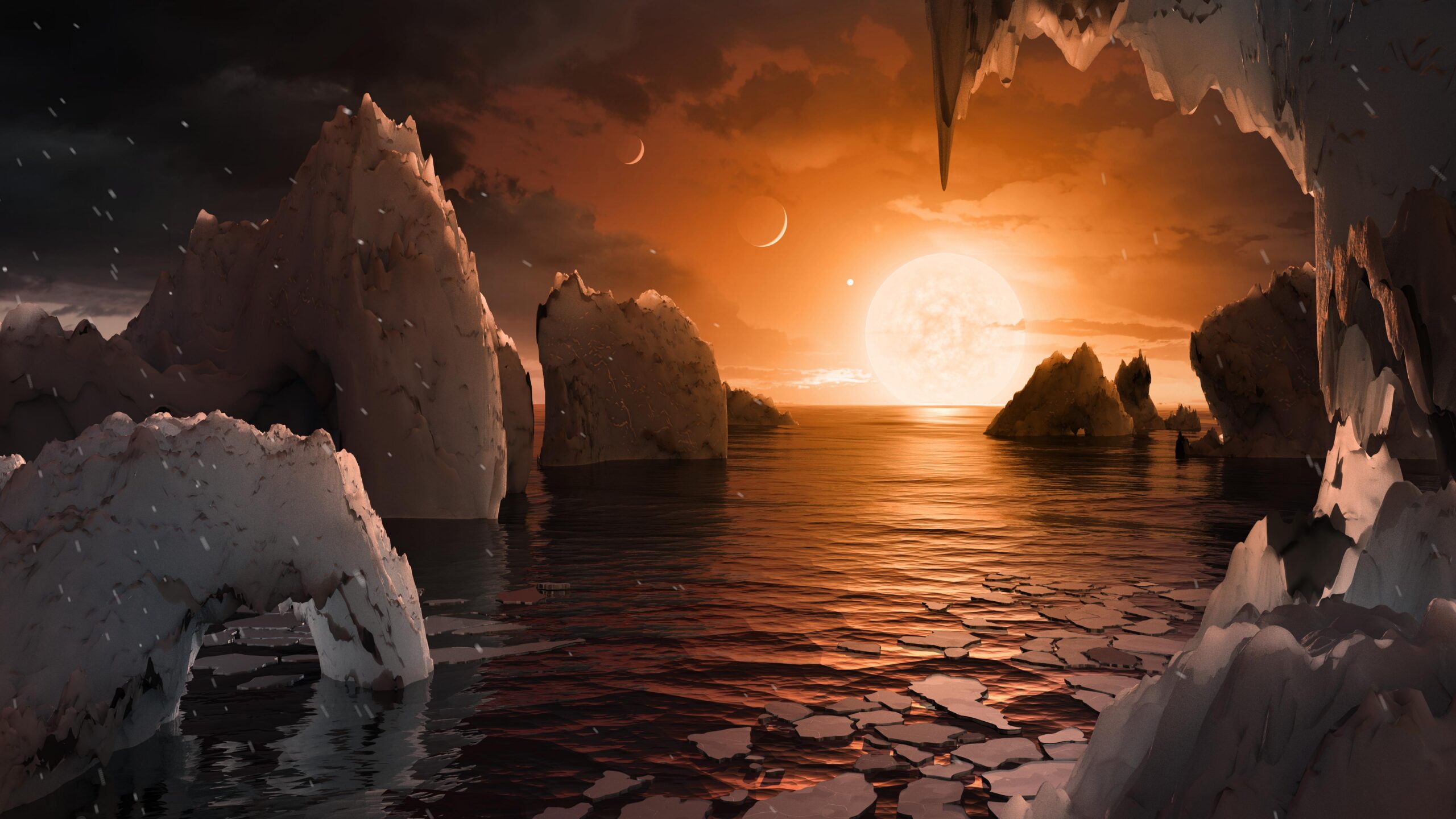 Illustration artistique représentant le paysage d'une exoplanète avec une étoile naine rouge à l'horizon et un terrain rocheux, évoquant la recherche de vie extraterrestre.