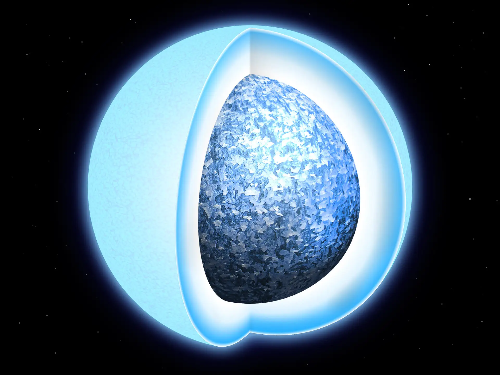 Illustration officielle de la cristallisation d'une étoile de diamant montrant son cœur solide.