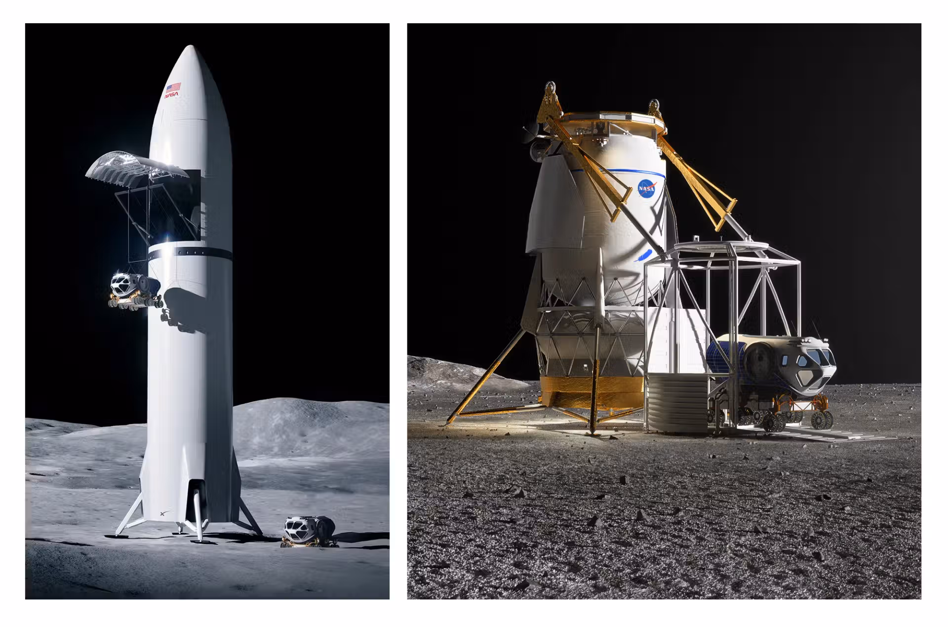 Le Starship V3 de SpaceX et le lander Blue Moon MK1 d'Endurance illustrant la course à la base lunaire du programme Artemis 2026 sur la Lune (vue d'artiste)