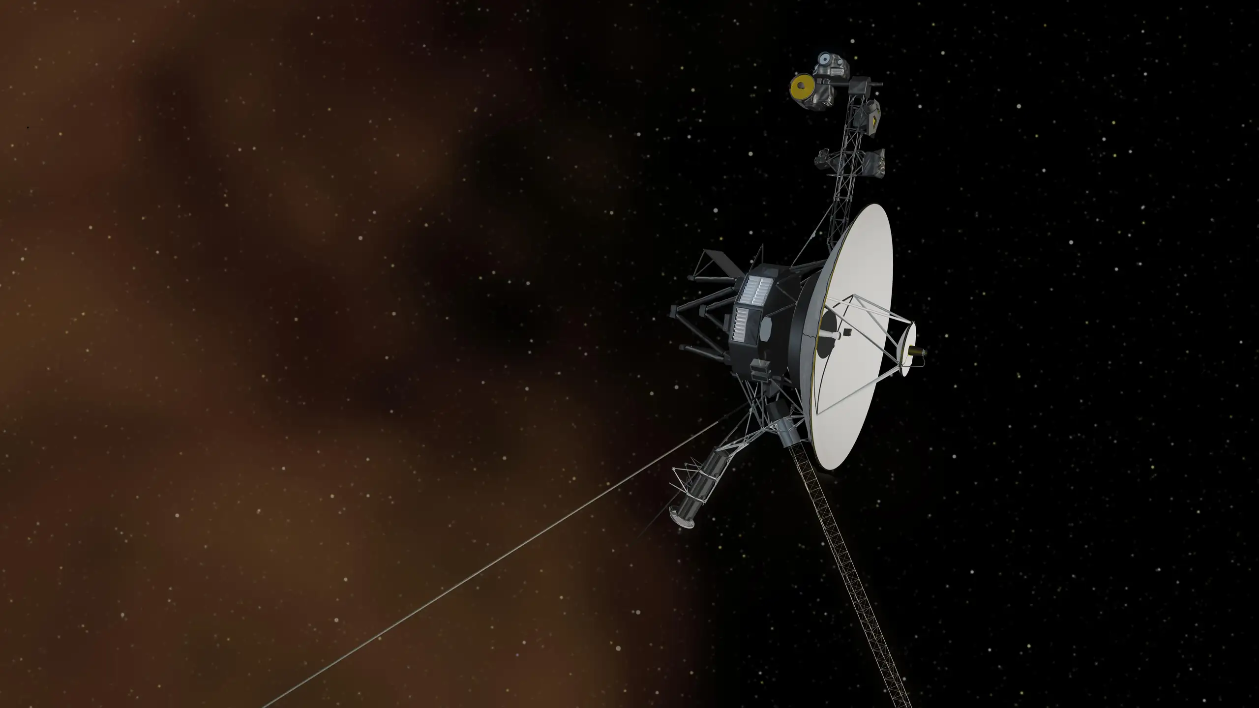 Vue d'artiste de la sonde Voyager 1 s'aventurant dans le milieu interstellaire, entourée de nuages de plasma aux reflets orangés.