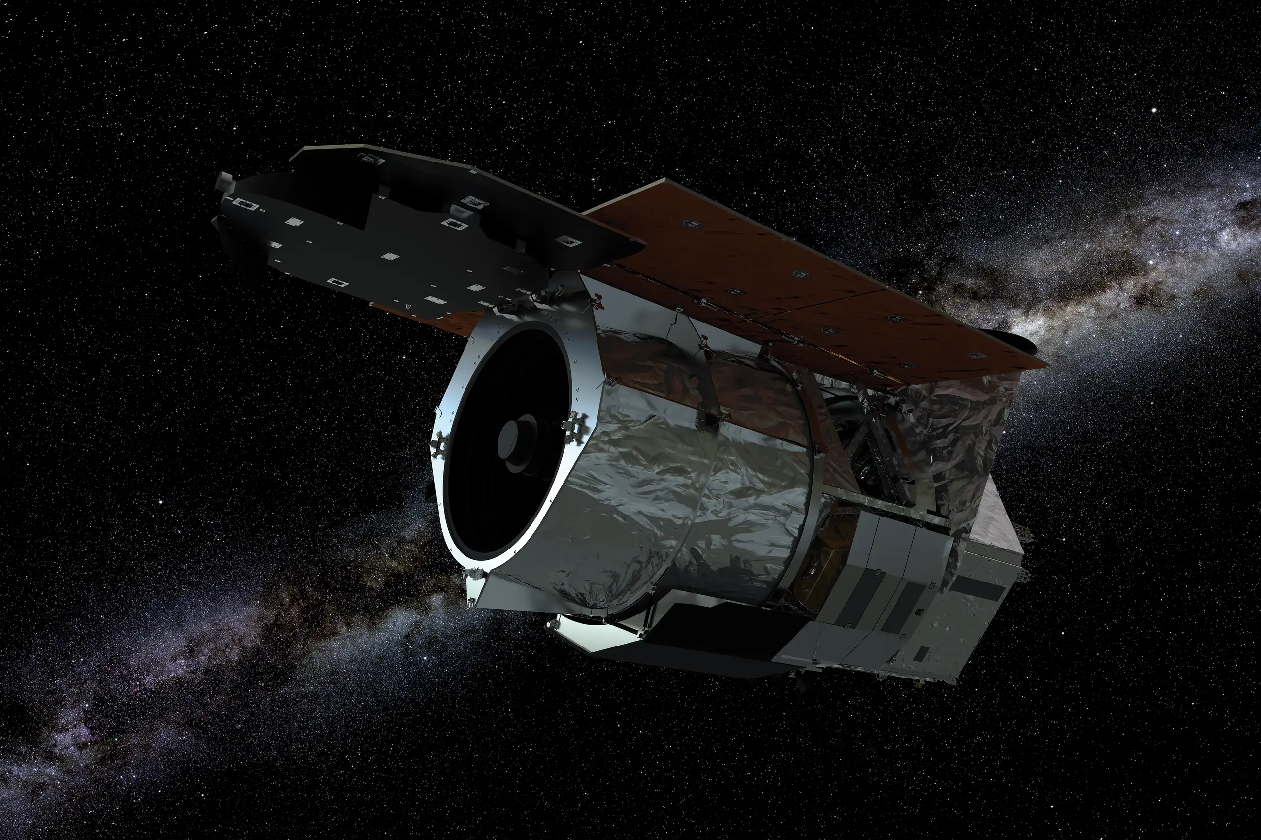 Illustration détaillée du télescope spatial Nancy-Grace-Roman déployé dans l'espace avec ses panneaux solaires sur un fond étoilé.